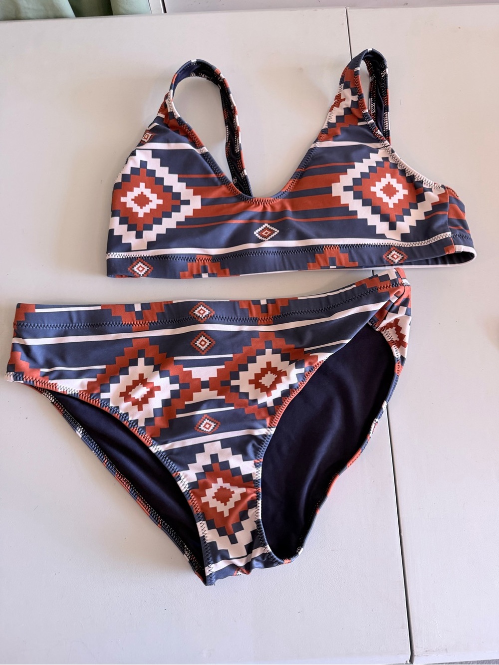 Women's Tribal Print Two-Piece Swim Set - Rust & Navy NEW